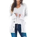 Detailed view of a stylish white mid-length cable knit cardigan sweater with large buttons - White
