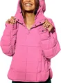 Vibrant pink hooded quilted pullover jacket for women with stylish rounded hem design - Bright Pink