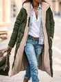 Detail view of women's long hooded puffer jacket with warm fleece lining in olive green - Green