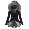 Slim-fit women's winter coat with large grey faux fur hood and plush lining - S / Tops / Black and Gray