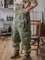 Retro olive green men's cargo overalls with multi-pocket design in a vintage studio - XS / Top And Bottom / Green