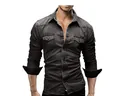 Close-up of men's slim fit dark grey denim shirt with double flap chest pockets - S / Tops / Dark Gray