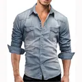Men's light blue distressed long sleeve denim shirt with dual chest pockets. - S / Tops / Light Blue