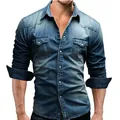 Close-up of a men's slim fit denim shirt showing the texture and button pocket details. - M / Tops / Dark Blue