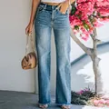 Women's stylish washed high-waisted flare jeans with trendy distressed frayed hem finish - S / Bottoms / Blue