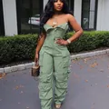 Stylish strapless cargo jumpsuit in army green featuring multi-pocket utility design - S / Top And Bottom / Army Green