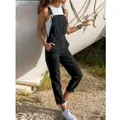 Stylish women's black denim overalls with adjustable straps for a casual outdoor look - S / Top And Bottom / Black