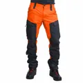 Detail of men's slim fit color block cargo pants with multiple tactical pockets. - S / Bottoms / Orange/Gray