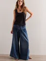 Detalle de vaqueros de pierna ancha con cintura media plisada y cordones decorativos para mujer - S / Bottoms / Azul marino