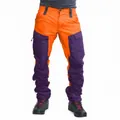 Detail view of men's slim fit outdoor cargo pants in orange and purple color-block design - S / Bottoms / Orange/Purple