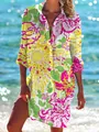Women's beach cover-up bikini shirt featuring bright pink and yellow abstract floral print - Yellow Floral Print