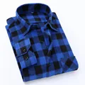 Detailed view of a blue and black checkered long-sleeve cotton flannel shirt for men - L / Tops / Blue & Black Plaid