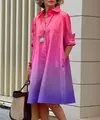 Casual pink and purple gradient loose shirt dress for women with collar and long sleeves - Printed Red