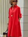 Bright red cotton linen loose midi shirt dress worn by a model in an urban setting - 3XL / Red