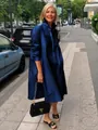 Elegant navy blue metallic midi shirt dress with long sleeves for women, street style - 3XL / Navy Blue