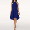 Elegant royal blue sleeveless chiffon halter dress with irregular ruffled A-line hem - Blue