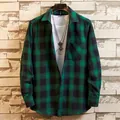 Men's green and black plaid flannel shirt with front pocket and button details - L / Tops / Green Black Grid