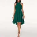 Elegant dark green sleeveless chiffon dress with double-layered ruffled hem and halter neck - S / Top And Bottom / Green