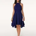Deep blue chiffon cocktail dress with halter neck and asymmetric ruffled hemline - Navy Blue