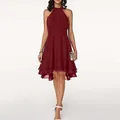 Elegant wine red sleeveless chiffon dress featuring a layered ruffle asymmetrical hemline - S / Top And Bottom / Burgundy
