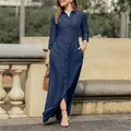 Full view of casual denim maxi dress featuring shirt collar and side pockets. - S / Dark Blue