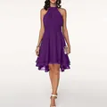 Elegant sleeveless purple chiffon dress featuring a double-layered ruffled high-low hemline. - S / Top And Bottom / Purple