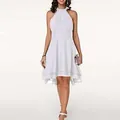White sleeveless chiffon dress with double-layered irregular ruffle hem and halter neck. - S / Top And Bottom / White