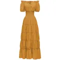 Detalle del vestido largo renacentista amarillo mostaza con cintura elástica y falda - Amarillo jengibre