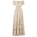 Elegante vestido largo medieval renacentista crema con cintura elástica y falda de volantes - Albaricoque