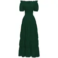Vista detallada del vestido largo renacentista verde oscuro con cintura elástica y falda de capas - Verde Oscuro