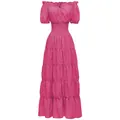 Elegante vestido largo renacentista rosa con cintura elástica y falda a capas - Rosa rojo