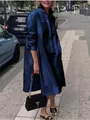 Elegant loose navy blue satin shirt dress with long sleeves for women, street style view - S / Tops / Navy Blue