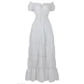 Detalle del vestido renacentista medieval blanco con falda de capas y cintura nido de abeja - S / Tops / Blanco