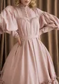 Elegant vintage pink puff sleeve maid dress with high collar and ruffled hem details - S / Top And Bottom / Pink