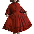 Detailed view of dark red Japanese Lolita maid dress with elegant ruffles and pleats - S / Dresses / Burgundy