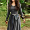 Detail of a gray medieval vintage long sleeve maxi dress with cinched waist and round neck. - S / Top And Bottom / Gray