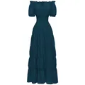 Vestido renacentista verde azulado con cintura elástica y falda de varios niveles - Azul marino