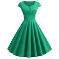 Robe trapèze vert émeraude vintage avec col en V élégant et taille plissée, manches courtes - Vert