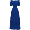 Detalle de vestido largo renacentista azul con cintura nido de abeja y falda de volantes - Azul zafiro