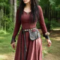 Detailed view of medieval style burgundy maxi dress with ethnic accessories - S / Top And Bottom / Burgundy