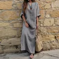 Robe longue ample en coton et lin avec rayures verticales grises et décolleté en V profond - S / Gris