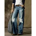 Eleganti jeans vintage a gamba larga con dettagli strappati da donna in blu scuro - Blu Scuro Distressed