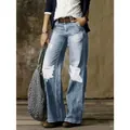 Jeans larghi a vita alta blu chiaro vintage da donna con strappi sulle ginocchia - Azzurro Strappato
