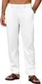 Full front view of men's breathable white casual linen-style trousers on model - S / Bottoms / White