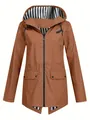 Detailed view of women's brown lightweight outdoor windbreaker with striped hood lining - Brown