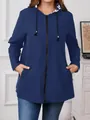 Detail of a woman wearing a navy blue lightweight hooded windbreaker with pockets. - 0XL / Tops / Navy Blue