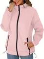 Detailed macro view of a pink lightweight hooded outdoor windbreaker with black zipper accents - S / Tops / Pink