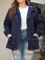 Detail shot of navy blue women's outdoor hooded jacket with drawstrings and zip. - 0XL / Tops / Navy Blue