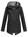 Front view of women's black hooded raincoat featuring stylish striped lining detail - S / Tops / Black