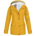 Front view of yellow hooded fleece-lined outdoor jacket with large pockets - S / Tops / Yellow